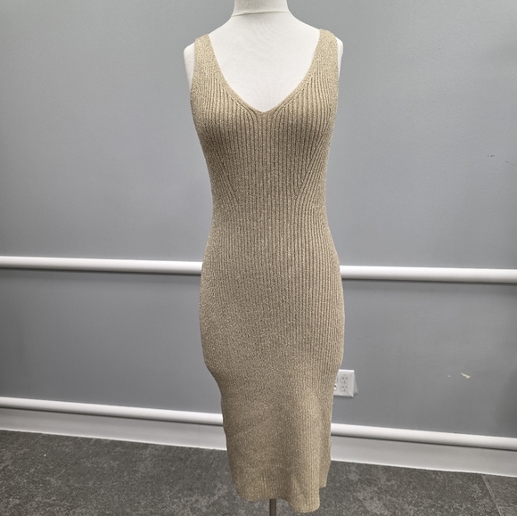 Michael Kors Pointelle Knit Sweater Ribbed Midi Dress Gold NWT - Picture 1 of 10